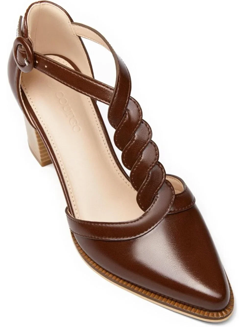Women's Red-Brown Chunky Heels T Strap Pointed Toe Stacked Heeled Sandals Pumps